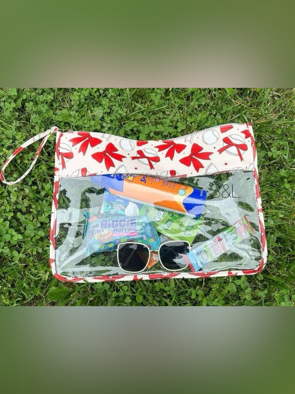 Clear Travel Bag Large | Red Bow Baseball Organizer Pouch Cosmetic Snack Gameday